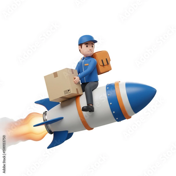 Fototapeta 3D Cartoon Man Delivers Package Riding Rocket on Transparent Background