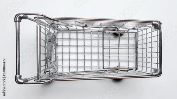 Fototapeta A top-down perspective of a small, empty, metal shopping cart displayed against a white background