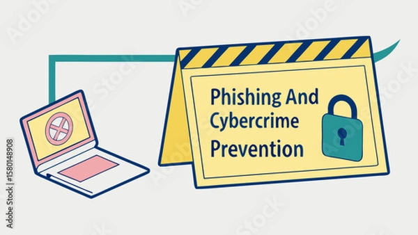 Fototapeta Illustration of a laptop with a stop symbol and a sign about phishing and cybercrime prevention