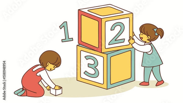 Fototapeta Two children playing with number blocks and one child building with a single block on the floor