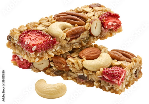 Obraz Isolated Granola Bar Stack with Nuts and Strawberry on Transparent Background