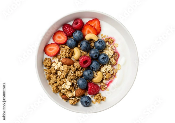 Obraz Isolated Granola Bowl with Fresh Berries Nuts and Yogurt Healthy Meal