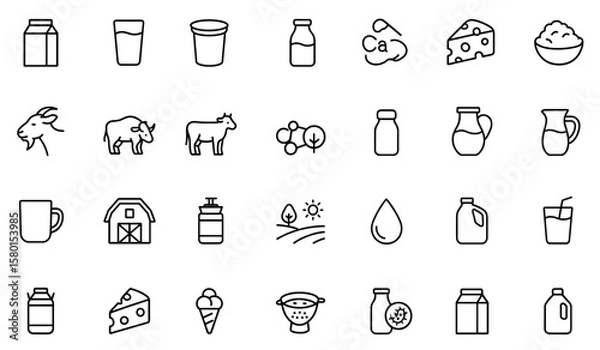 Obraz Editable stroke outline icon set of dairy and milk products. Vector illustration of fresh milk, yogurt, cream, cheese, butter, curd, goat, buffalo, cattle, calcium, beverage, farm, organic, packaging