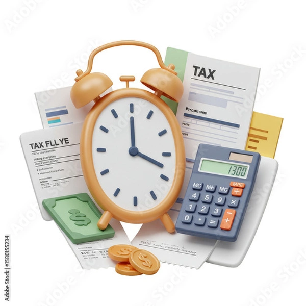 Fototapeta 3D Tax Calculation with Clock Money Illustration Transparent Background