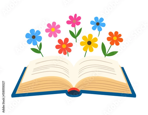 Fototapeta Colorful flowers bloom from an open book on white