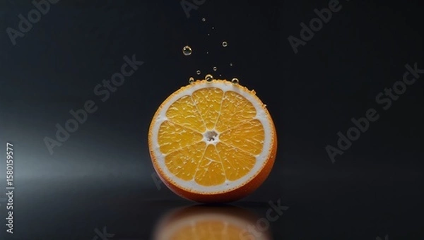 Fototapeta Fresh orange slice submerged in sparkling water against a dark background during a studio photoshoot