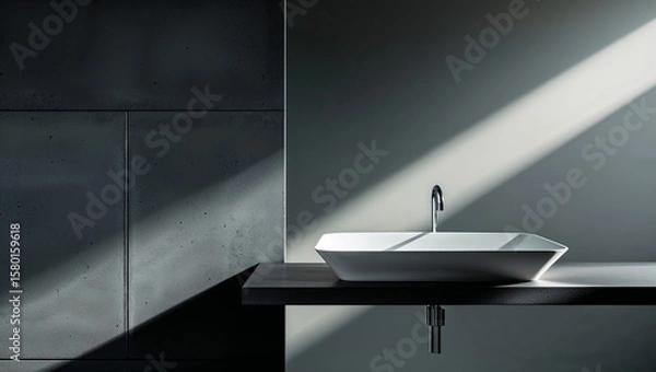 Fototapeta Modern minimalist bathroom design featuring a sleek white sink on a dark countertop in soft natural light