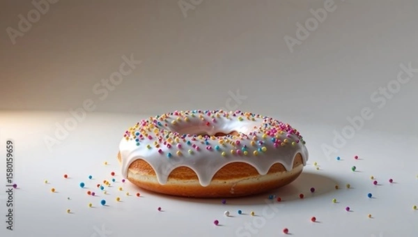 Fototapeta Colorful donut with icing and sprinkles displayed against a neutral background in a bright setting
