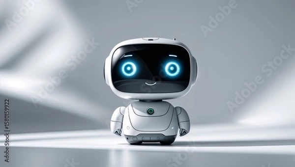 Fototapeta Cute robot companion displays friendly demeanor in modern setting during daylight hours