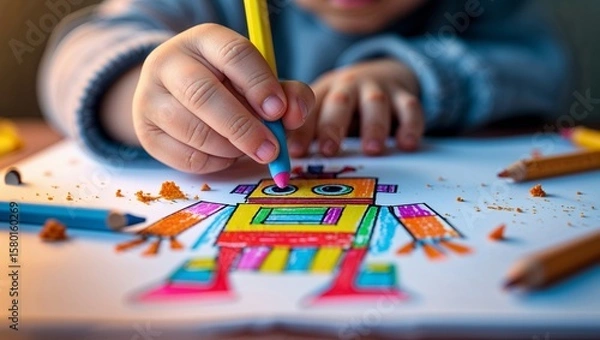 Fototapeta Child creates vibrant robot drawing with colored pencils during an afternoon art session at home