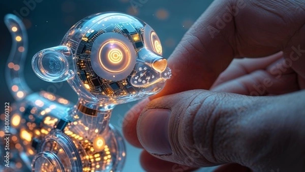 Fototapeta Robot dog being fine-tuned with glowing circuits and advanced technology in an imaginative futuristic setting