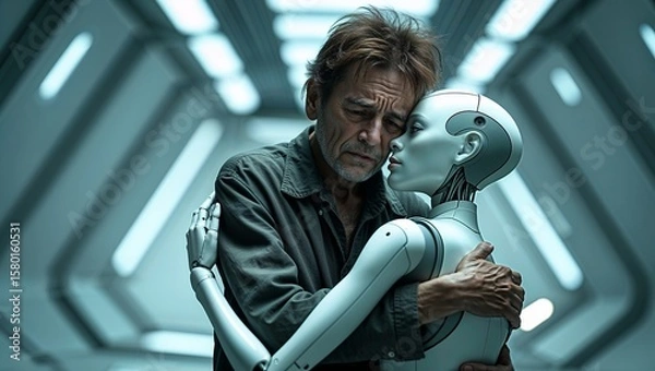 Fototapeta Emotional connection between a man and a humanoid robot in a futuristic setting
