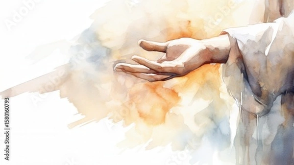 Fototapeta Hand of jesus christ extending in a watercolor painting, symbolizing help, compassion, and salvation