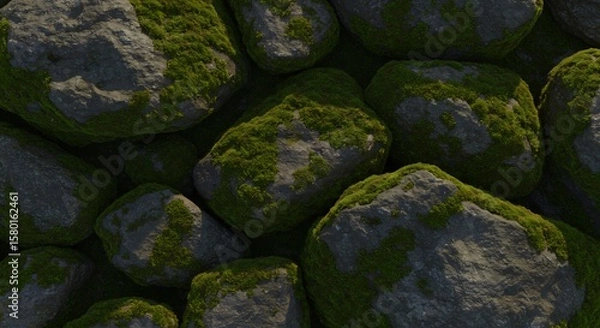 Fototapeta Topdown view of numerous grey rocks partially covered with vibrant green moss