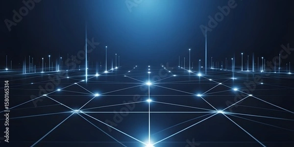 Obraz Futuristic Digital Interface with Glowing Blue Background Featuring Abstract Tech Grid, Connected Light Nodes, and Data Network Flow