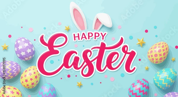 Fototapeta Festive Easter Composition with Colorful Eggs Bunny Ears and Stars.