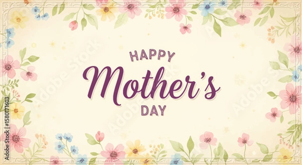 Fototapeta Floral Mothers Day Greeting with Elegant Script and Delicate Watercolor Blooms.