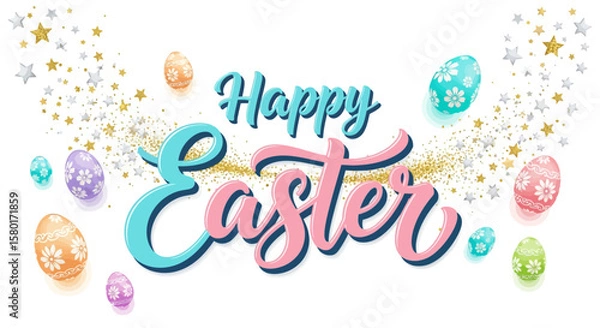 Fototapeta Festive Easter Greeting with Decorated Eggs and Sparkling Starbursts.