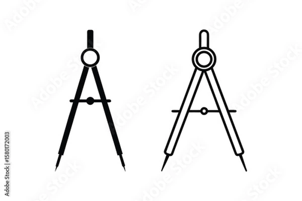 Fototapeta Geometric Compass Illustration with Outline and Solid Design Drawing Tool for Geometry and Architecture silhouette