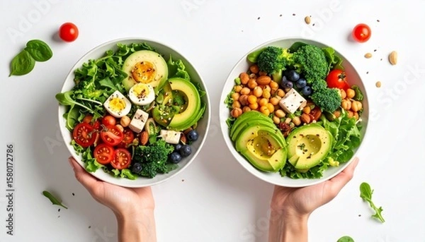 Fototapeta Hands Holding Two Plates of Balanced Meal – Top View of Healthy Food with Vegetables, Protein, and Carbs