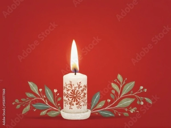 Fototapeta  A solitary candle adorned with folk art Scandinavian designs on a vivid red backdrop