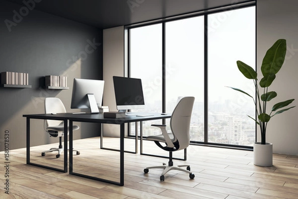 Fototapeta Modern minimalist executive office interior with black desk, white chairs, large windows and wooden flooring in high-rise city building. 3D Rendering