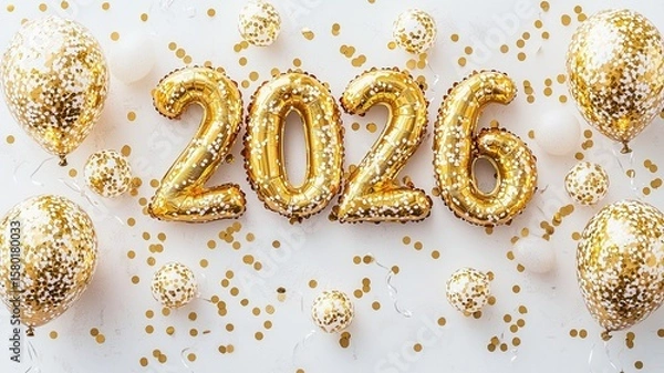 Fototapeta Golden balloons forming on number 2026 surrounded by confetti the a white background, celebrating the new year
