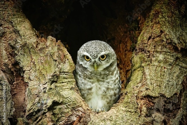Fototapeta Close-up of a spotted owl (Athene brama) perched on the rim of a tree cavity. This owl has striking yellow eyes, a pointed beak, and beautifully patterned plumage         