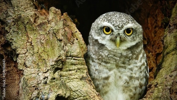 Fototapeta Close-up of a spotted owl (Athene brama) perched on the rim of a tree cavity. This owl has striking yellow eyes, a pointed beak, and beautifully patterned plumage         
