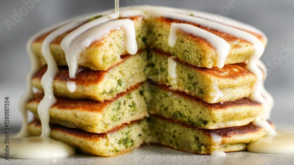 Fototapeta Matcha pancake stack with creamy sauce dripping, soft texture and green tea flavor, delicious breakfast treat