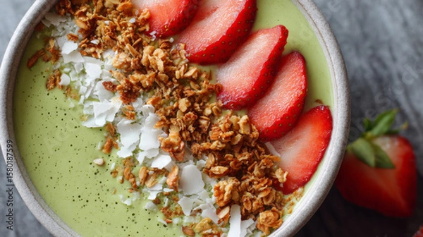Fototapeta Matcha smoothie bowl topped with granola, sliced strawberry, and coconut flakes, offering fresh and healthy breakfast option