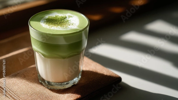 Fototapeta Green matcha latte with creamy foam and powder topping in glass on textured cloth with soft sunlight and shadow