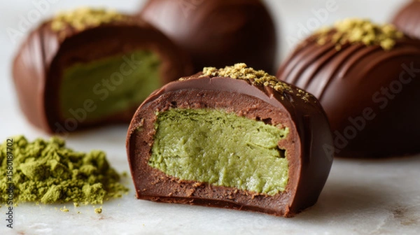 Fototapeta Matcha chocolate truffle with creamy green tea filling and smooth dark chocolate coating, sprinkled with matcha powder