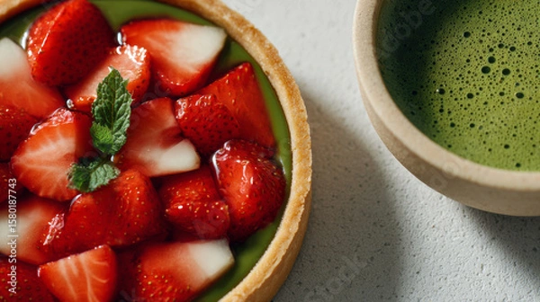 Fototapeta Strawberry tart with fresh mint leaves and cup of frothy green tea on light textured surface, vibrant and appetizing