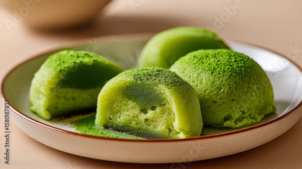 Fototapeta Green matcha mochi dessert with soft texture and powder topping served on ceramic plate, inviting and fresh