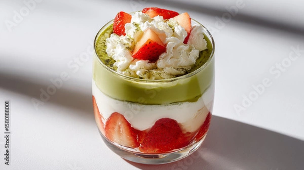 Fototapeta Matcha dessert with whipped cream and fresh strawberry slices in glass, showcasing vibrant colors and creamy texture