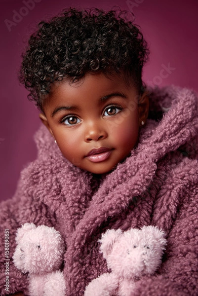 Fototapeta black Baby wrapped in a teddy bear blanket, sitting against a dark background.