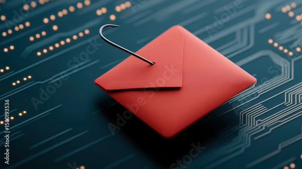 Fototapeta Phishing email concept with hook and envelope A red envelope pierced by a fish hook on a digital background symbolizes phishing emails and cyber threats in online communication