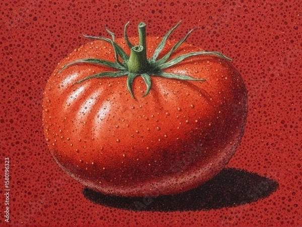 Fototapeta  A vibrant tomato emerges through the artistry of pointillism against a rustic farmer's backdrop