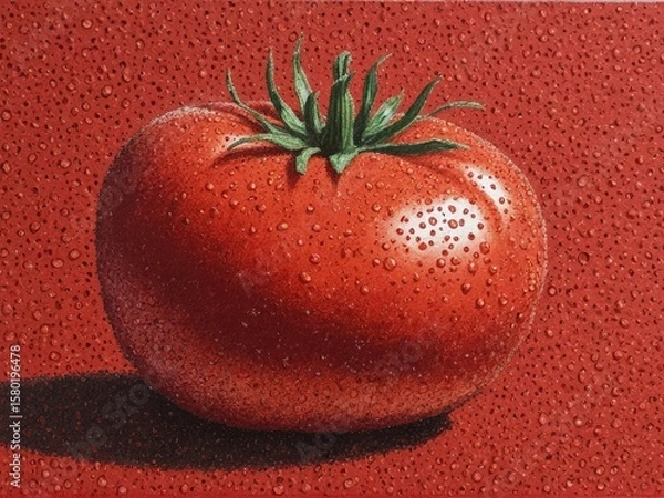 Fototapeta  A vibrant tomato emerges through the artistry of pointillism against a rustic farmer's backdrop