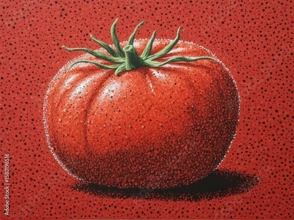 Fototapeta  A vibrant tomato emerges through the artistry of pointillism against a rustic farmer's backdrop