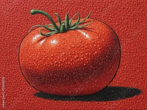 Fototapeta  A vibrant tomato emerges through the artistry of pointillism against a rustic farmer's backdrop