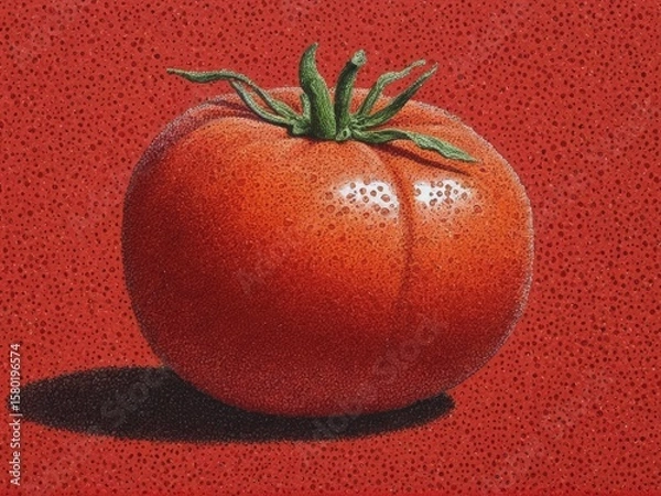 Fototapeta  A vibrant tomato emerges through the artistry of pointillism against a rustic farmer's backdrop