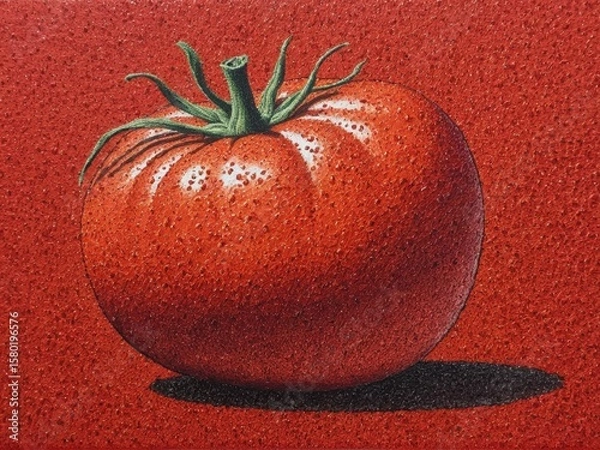 Fototapeta  A vibrant tomato emerges through the artistry of pointillism against a rustic farmer's backdrop