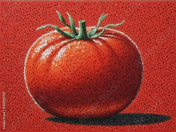 Fototapeta  A vibrant tomato emerges through the artistry of pointillism against a rustic farmer's backdrop