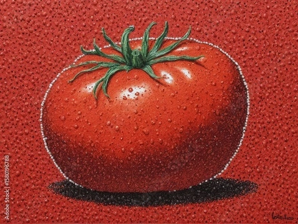 Fototapeta  A vibrant tomato emerges through the artistry of pointillism against a rustic farmer's backdrop