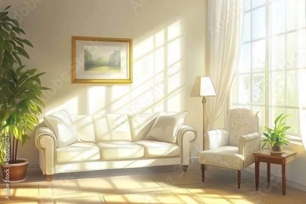 Fototapeta A white couch sits in a room with a large window and a potted plant. Light relaxing room interior with sofa and armchair.