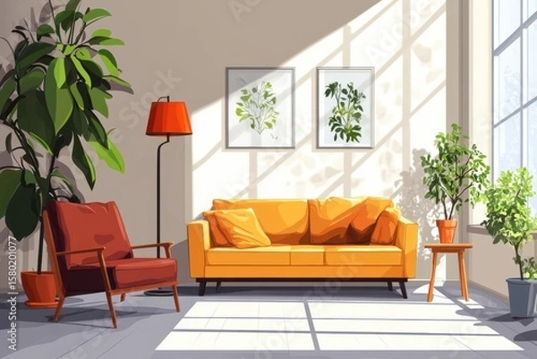 Fototapeta A white couch sits in a room with a large window and a potted plant. Light relaxing room interior with sofa and armchair.