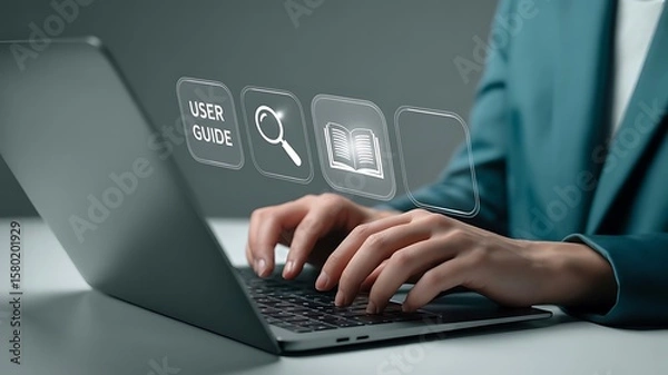 Fototapeta Person using a laptop to access user guide and search information online