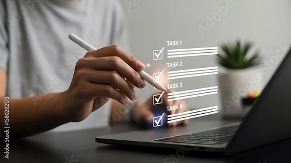 Fototapeta Person checking off tasks on a digital to do list with a stylus